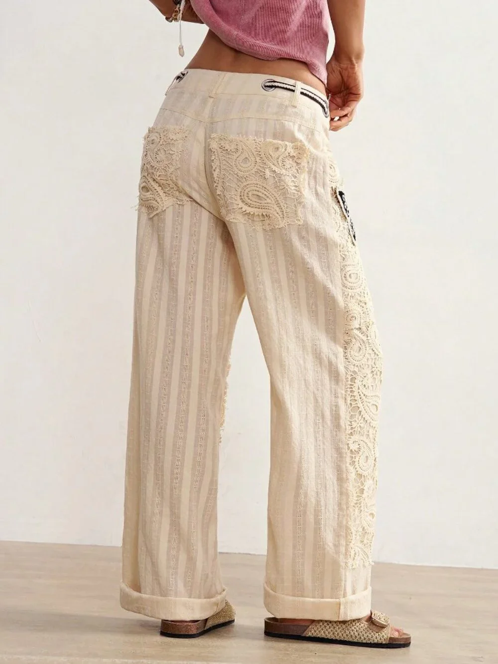 Multicolor Casual Women's Boho Woven Contrast Lace Loose Wide Leg Long Pants